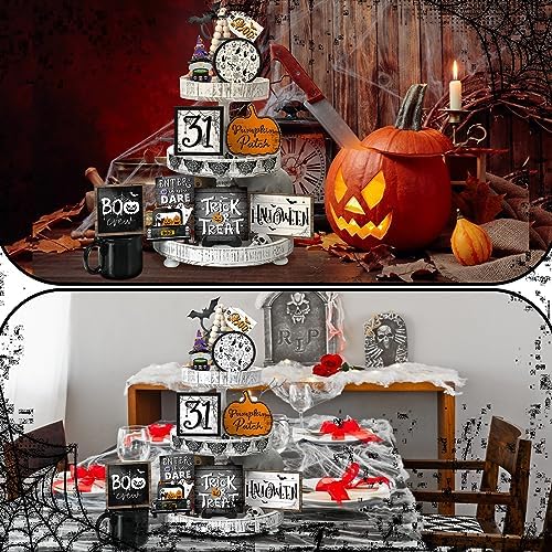 14 Pcs Halloween Tiered Tray Decor Set, Gnome Wood Table Signs (Terror) - Image 5