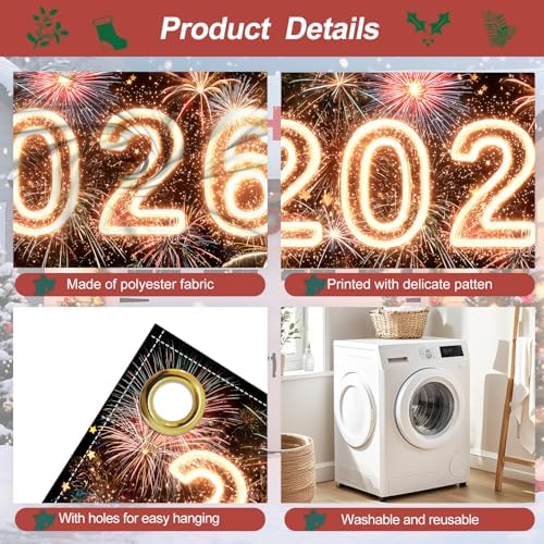2026 New Year Garage Door Banner 7x16FT, Neon Glow 2026 Fireworks Garage Door Cover, Large Outdoor Happy New Year Decoration Backdrop for Garage Door, Fence, Yard, Party Photo Booth - Image 3