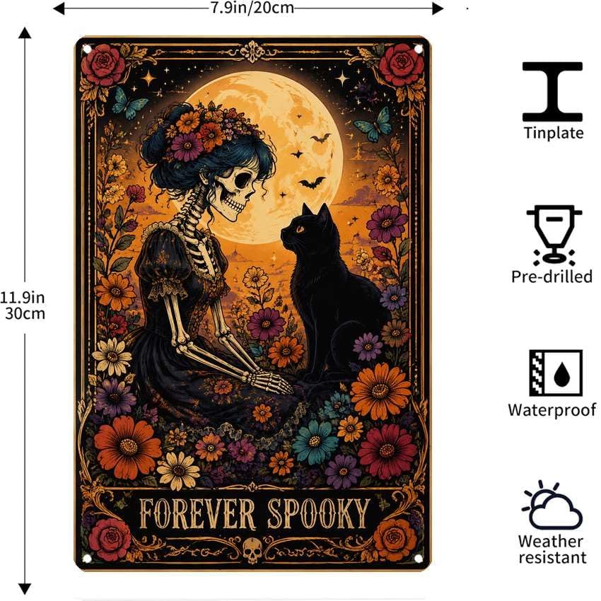 Vintage Metal Tin Sign Halloween Skeleton Woman Black Cat Flower Garden Gothic Wall Art for Home 8×12 Inches with Metal Frame - Image 7