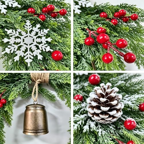 24 Inch Christmas Wreath for Front Door - Artificial Cedar Winter Wreath with Golden Bell, Pinecones & Red Berries, Farmhouse Holiday Wreath for Indoor Outdoor Christmas Decorations - Image 5