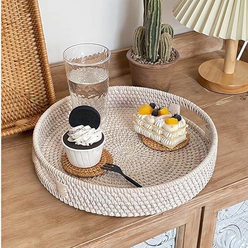 14" Round Rattan Tray, Hand Woven Serving Tray with Handles, Wicker Serving Basket, Decorative Tray for Home Decor, Whitewash - Image 6