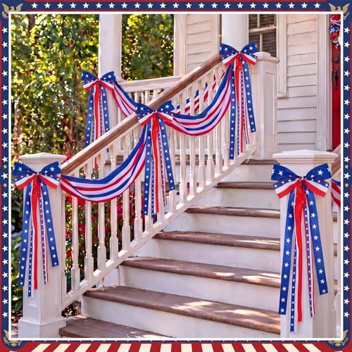 Knitgrip 10ft Patriotic Red White and Blue Outdoor Decorations Bunting Bow Garland with 4th of July 4 Large Bows Patriotic Porch Decor American Flag 250th Banner for Independence Day Wall Stair - Image 6