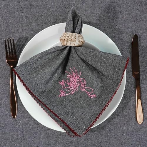 Luxury Embroidered Cloth Napkins – Coal Flame, Set of 6, 18x18 | Charcoal Dinner Napkins with Pink Floral Motif | Elegant Cotton Blend Table Napkins for Christmas, New Year & Formal Dining - Image 3