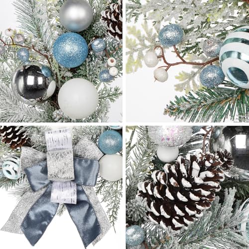 24" Christmas Wreath for Front Door Artificial Unlit Winter Wreath with Pine Cones, Berry Clusters, Blue Ball Ornaments and Ribbon for Thanksgiving Holiday Christmas Decoration - Image 2