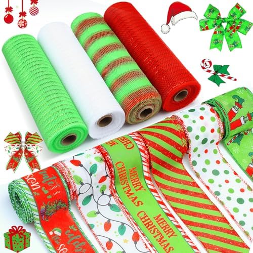 10 Pcs Christmas Ribbon 4 Rolls Mesh Ribbon 6 Rolls Wired Ribbons by Yuefunny