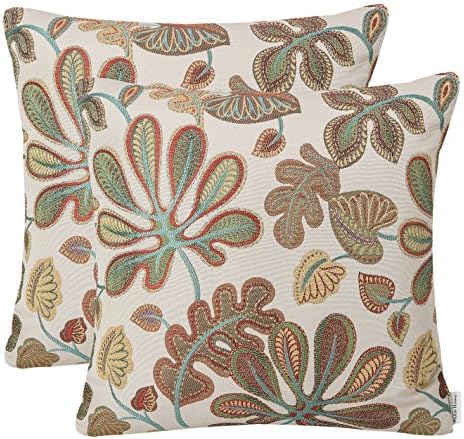 Mika Home Set of 2 Jacquard Tropical Leaf Pattern Throw Pillow Covers Decorative Pillowcase 20X20 Inches,Teal Cream by MikaHome