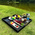 24x24 Inches Extra Large Black Faux Leather Wrapped Wood Ottoman Tray with Golden Handles for Serving Food and Breakfast On Bed, Square Coffee Table Organizer, Home Decor and Decorative - Image 6