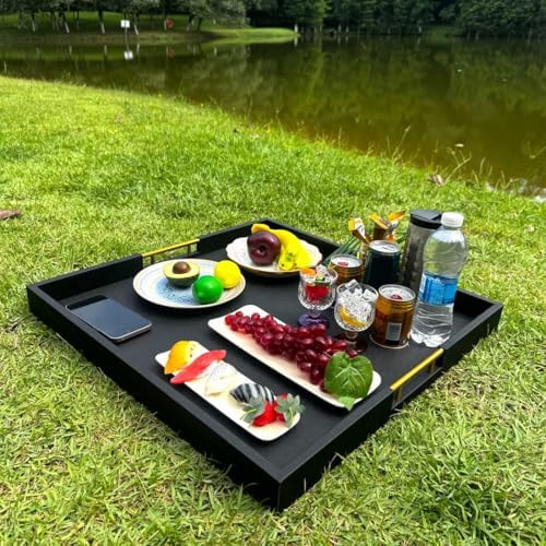 24x24 Inches Extra Large Black Faux Leather Wrapped Wood Ottoman Tray with Golden Handles for Serving Food and Breakfast On Bed, Square Coffee Table Organizer, Home Decor and Decorative - Image 6