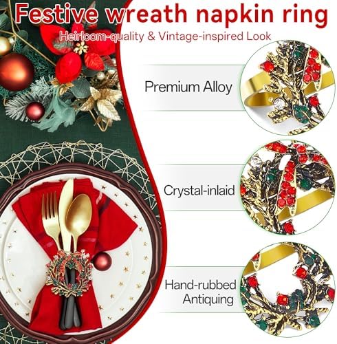 ZeeDix Christmas Wreath Napkin Rings Set of 24, Holiday Christmas Napkin Ring Holders for Cloth Napkins, Serviette Buckles for Thanksgiving Holiday Dinner Party Table Setting - Image 3