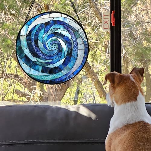 Blue Ocean Wave Stained Glass Window Hanging Suncatcher Gift for Women 15" - Image 2