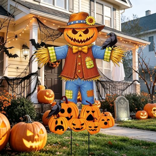 JarThenaAMCS Halloween Scarecrow Metal Garden Stakes, Pumpkin Pile Crow - Image 4
