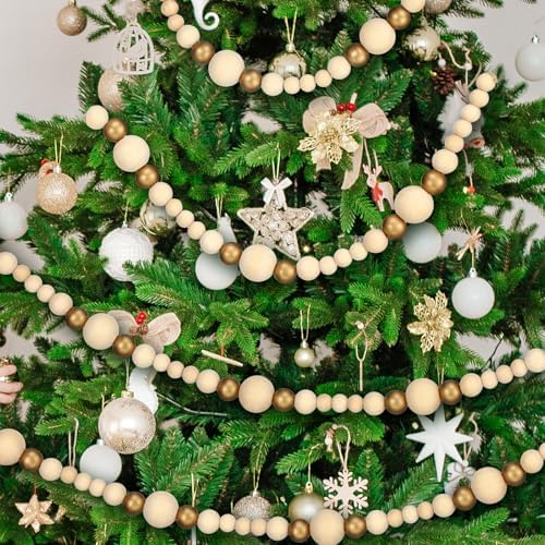 Bucherry 4 Pcs Christmas Wood Bead Garland 28.8 Feet, White, Gold - Image 4