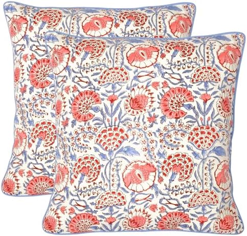 Ridhi Block Print Flamingo Pink Pillow Cover 18" x 18" (Pack of 2) Decorative Couch Pillows for Living Room, Chic Boho Cute Outdoor Pillows Covers Gifts for Spring, Easter and Valentine by Ridhi