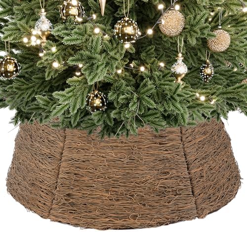 ELYKEN 28 Inch Christmas Tree Collar, Wicker Xmas Tree Collar for 7.5 ft Trees, Boho Woven Tree Skirt, Rustic Farmhouse Basket for Tree Base Cover, Round Tree Ring for Pencil Trees by ELYKEN