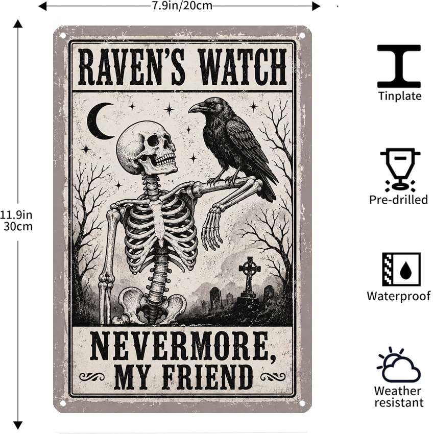 Vintage Metal Tin Sign Halloween Skeleton Raven Graveyard Gothic Wall Art for Home Bar 8×12 Inches with Metal Frame - Image 7