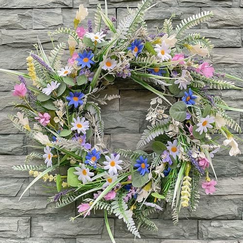 Spring Summer Wildflower Wreath for Front Door 18 Inch Artificial Colorful Flower Wreath for Indoor Outdoor Wall Festival Easter Home Farmhouse Wedding Decor (Green) - Image 2