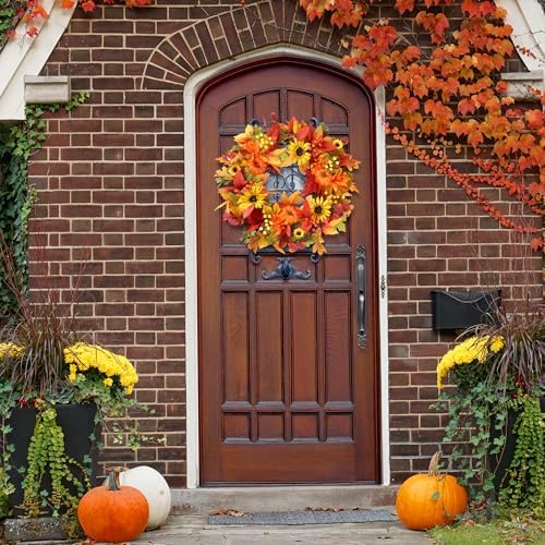 Sggvecsy Fall Wreath 20’’ Autumn Front Door Wreath Harvest Wreath with Sunflower Pumpkins Berries Maple Leaves Daisies for Outside Indoor Home Wall Festival Thanksgiving Autumn Farmhouse Decor - Image 5