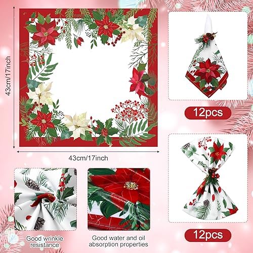 Nitial 24 Pcs Poinsettia Christmas Cloth Napkins Washable Dinner,Christmas - Image 2