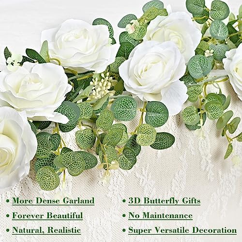 13 Ft White Flower Garland with Butterfly, Artificial Eucalyptus Rose Vine - Image 2