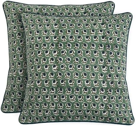 Ridhi Block Print Basil Green Pillow Cover 18" x 18" (Pack of 2) Decorative Couch Pillows for Living Room, Chic Boho Cute Outdoor Pillows Covers Gifts for Spring, Easter and Valentine by Ridhi