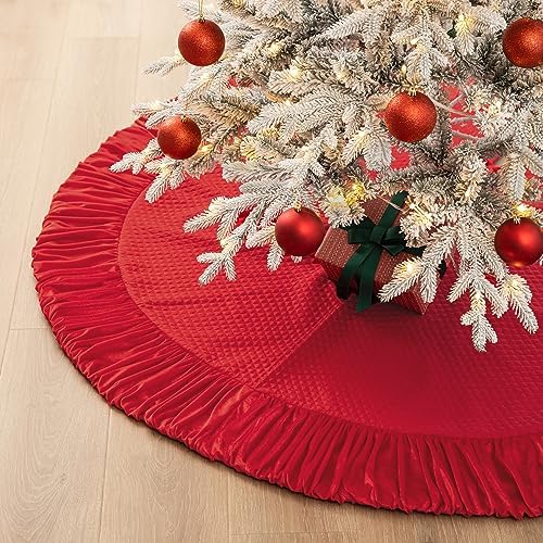 Glitzhome 72" D Oversized Red Christmas Tree Skirt,Large Velvet Ruffled Xmas Tree Mat Holiday Tree Ornaments for Xmas Winter Happy New Year Home Decoration - Image 6