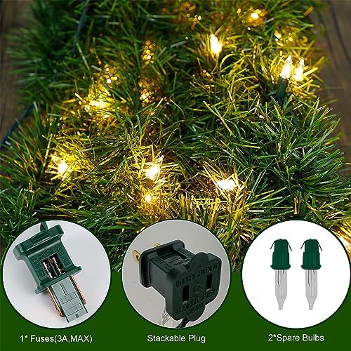 Biswing 50FT Pre-lit Christmas Green Garland, Lighted Artificial Pine Garlands with 100 Count Clear Incandescent Mini Lights, Light Up for Indoor Outdoor Gate Home Winter Holiday New Year Decorations - Image 2
