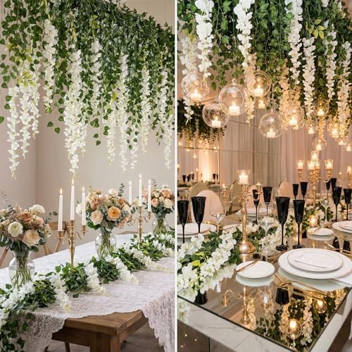 Zeyune 24 Pcs Wisteria Artificial Flowers Garland Includes 6.8 ft Artificial Wisteria Hanging Flowers 3.6 ft Fake Vines Green Pothos Leaves for Garden Outdoor Wedding Arch Decoration (White) - Image 5