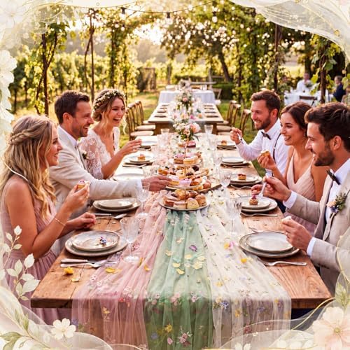 Fanfanwin 3 Pcs Tulle Floral Table Runner Set, 2.5 x 5.9 ft Widened Beige, Pink and Green Sheer Wildflower Butterfly Embroidered Gauze Lace Dining Table Decor for Wedding Birthday Baby Bridal Shower - Image 6