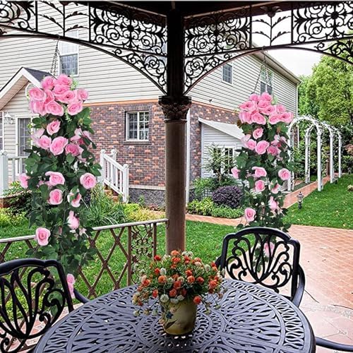 RECUTMS 4Pcs Artificial Pink Rose Hanging Plants Silk Ivy Garland Outdoors - Image 6