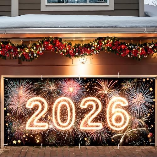 2026 New Year Garage Door Banner 7x16FT, Neon Glow 2026 Fireworks Garage Door Cover, Large Outdoor Happy New Year Decoration Backdrop for Garage Door, Fence, Yard, Party Photo Booth by ANNAQUEEN