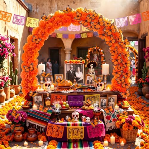 Cinnvoice 109 Pcs Day of the Dead Marigold Arch Set Include 70 Paper Marigold 1 Arch 2 Fixing Bracket Set Tape Simulated Monarch Butterfly for Diwali Day of the Dead Altar Table Decor (Orange) - Image 5