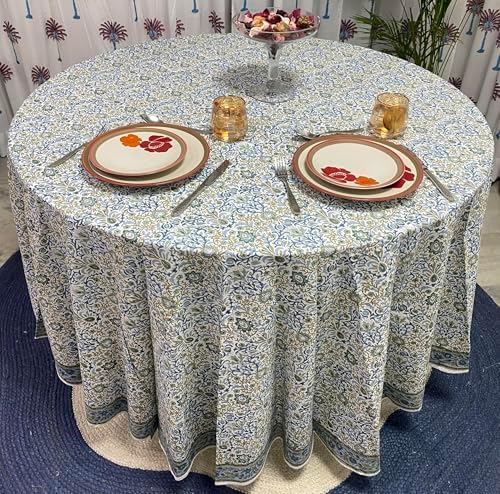 Ridhi Hand Block Print Round Tablecloth Indigo Flower 60 Inch 100% Cotton - Image 2