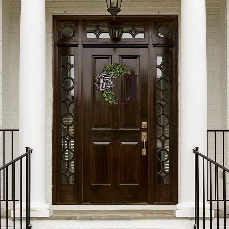 Monogram Initial Letter Wreaths for Front Door with Striped Linen Bow & Fake Green Grass on Grapevine Base Farmhouse Style Rustic Door Decor Spring Summer Green Wreath, L - Image 3