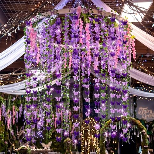 Duraaamo 35 Pcs Fairy Party Garland Decoration LED Artificial Wisteria Hanging Flowers Garland 3D Butterfly Hanging Decor Vine Rattan Ivy Greenery for Spring Home Wedding Fairy First Birthday Party - Image 4