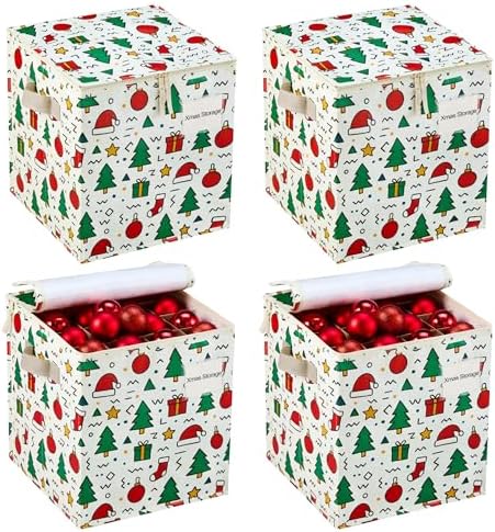 VENO 4 Pack Christmas Ornament Storage Box, Holiday Ornament Organizer with Adjustable Dividers, Sturdy Storage Containers for 64 Ornaments, Zippered Lid & Handles, 3" Cube (Jingle Mix) by Veno