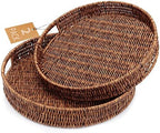 Coffee Table Tray 2 Pack Rattan Woven Basket Multifunctional Round Rattan Serving Tray with Handles, Decorative Trays for Home Decor, Kitchen Counter, Living Room by SEDISON