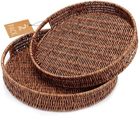Coffee Table Tray 2 Pack Rattan Woven Basket Multifunctional Round Rattan Serving Tray with Handles, Decorative Trays for Home Decor, Kitchen Counter, Living Room by SEDISON