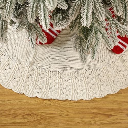 Ivory Knitted Christmas Tree Skirt, Cozy Cable Knit Design with Scalloped Edge and Ties, Rustic Farmhouse Holiday Décor for Christmas Tree Base(Ivory, 48") - Image 2