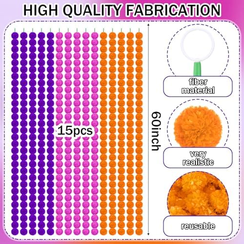 Giegxin 15 Pack 5ft Marigold Garland for Decor, Orange, Dark Purple, Violet - Image 2