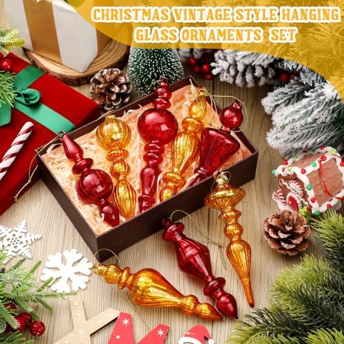 Mifoci 8 Pcs 6 Inch Mercury Glass Finial Christmas Ornaments,Red, Gold - Image 2