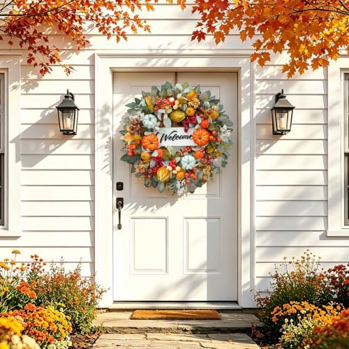 Fall Wreaths for Front Door 24" Welcome Pumpkin Harvest Autumn Wreath - Image 2