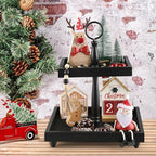 Tiered Tray Stand, Rustic Wooden 2 Tier Decorative Tray with Bead Garland, Farmhouse Square Wood Serving Tray Counter Centerpiece for Coffee Bar Home Decor Holiday Holloween Housewarming Gifts (Black) - Image 5