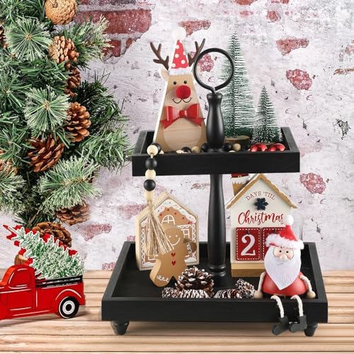 Tiered Tray Stand, Rustic Wooden 2 Tier Decorative Tray with Bead Garland, Farmhouse Square Wood Serving Tray Counter Centerpiece for Coffee Bar Home Decor Holiday Holloween Housewarming Gifts (Black) - Image 5