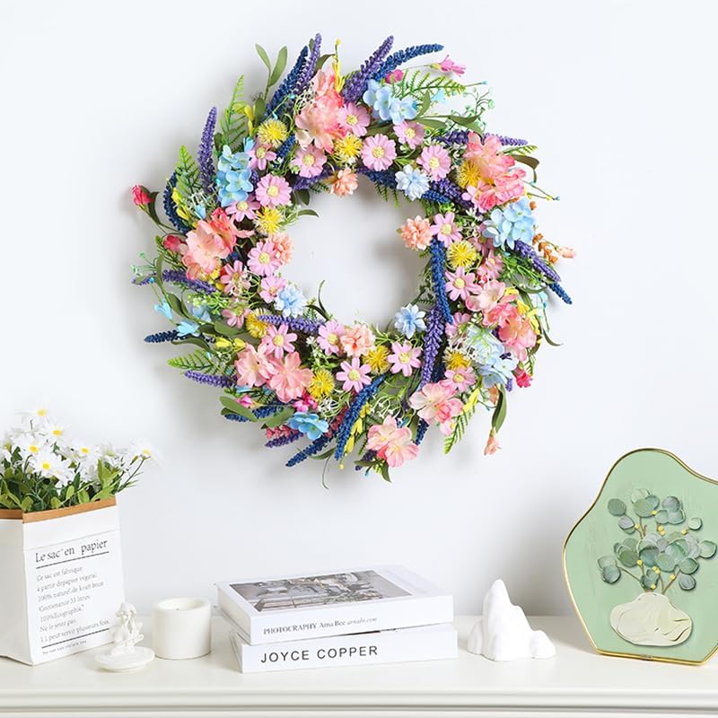 Spring Summer Wildflower Wreath for Front Door 18 Inch Artificial Colorful Flower Wreath for Indoor Outdoor Wall Festival Easter Home Farmhouse Wedding Decor (Pink) - Image 3