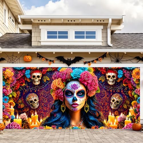 Mexican Day of the Dead Garage Door Banner 7x16ft, Dia de los Muertos Catrina Skull Bride Outdoor, Sugar Skull Altar Candle Double Garage Door Cover Tapestry Mural for House Front Holiday Decor by LEIWEIHOPE