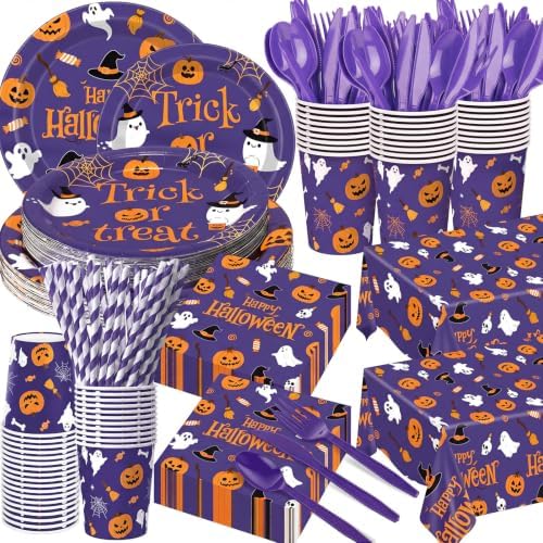 Funnymoom 218 Pcs Happy Halloween Party Decorations Purple Plates Serves 24 by Funnymoom