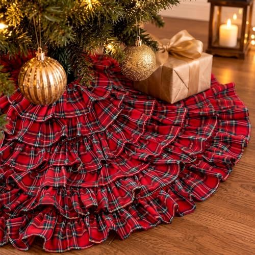 Red Ruffle Christmas Tree Skirt Red and Green Tartan Plaid 48 in - Image 3