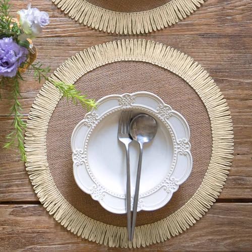 FunWheat 15 Inch Round Jute Placemats Set of 12, Braided Burlap Table Mats for Dining Table, Heat Resistant Farmhouse Woven Placemats for Fall Farmhouse Decor (Coarse-Edged Sunflower) - Image 4