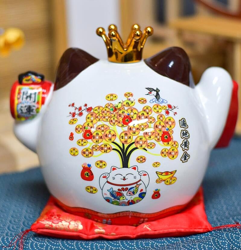EatingBiting 7.9" Japanese Ceramics Maneki Neko Crown Cat Big Mouth Ornament Collectible Figurine Storage Box Decoration Art Sculpture Home Decor Decorative Beckoning Cat for Business Opening - Image 6
