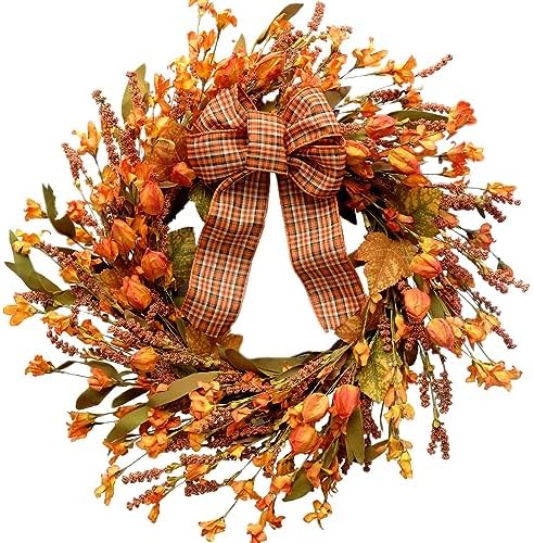Idyllic 18 Inches Artificial Fall Wreath, Autumn Decoration with Berries & Leaves, Thanksgiving Harvest Front Door Wreath for Home Farmhouse Halloween Thanksgiving Day Festival Celebration Decor by idyllic